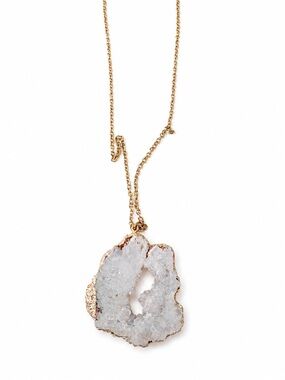 White Druzy Geode Slice Pendant Gold Tone Long Chain Statement Necklace